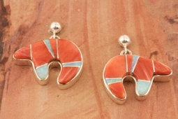 Calvin Begay Genuine Spiny Oyster Shell Sterling Silver Bear Earrings